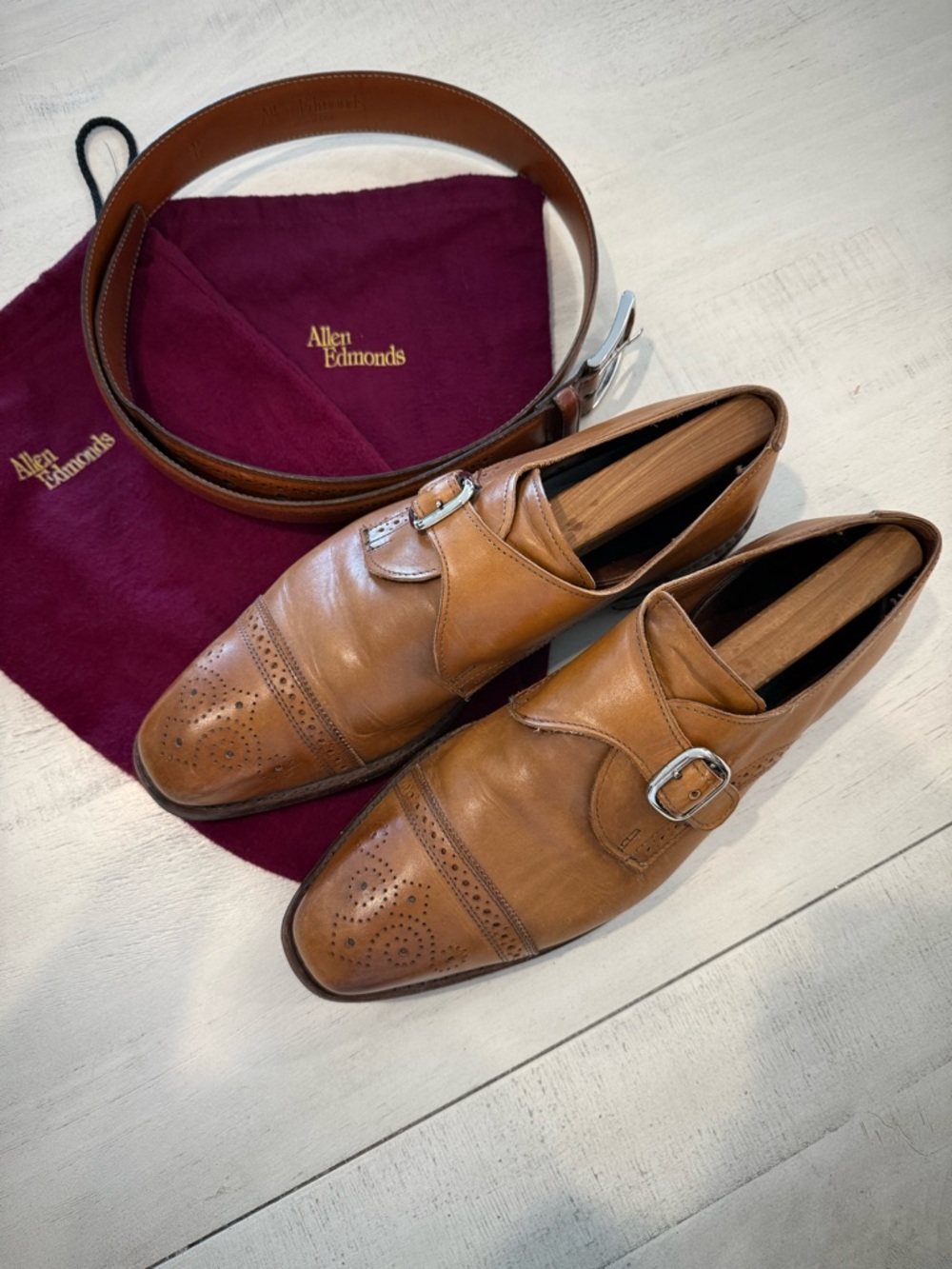 Allen Edmonds Walnut Leather Single Monk Strap Dress Shoes & Belt